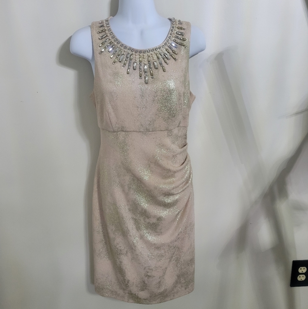 Vince Camuto Tan with Gold Inlay Dress With Embellished Neckline, Sz 8